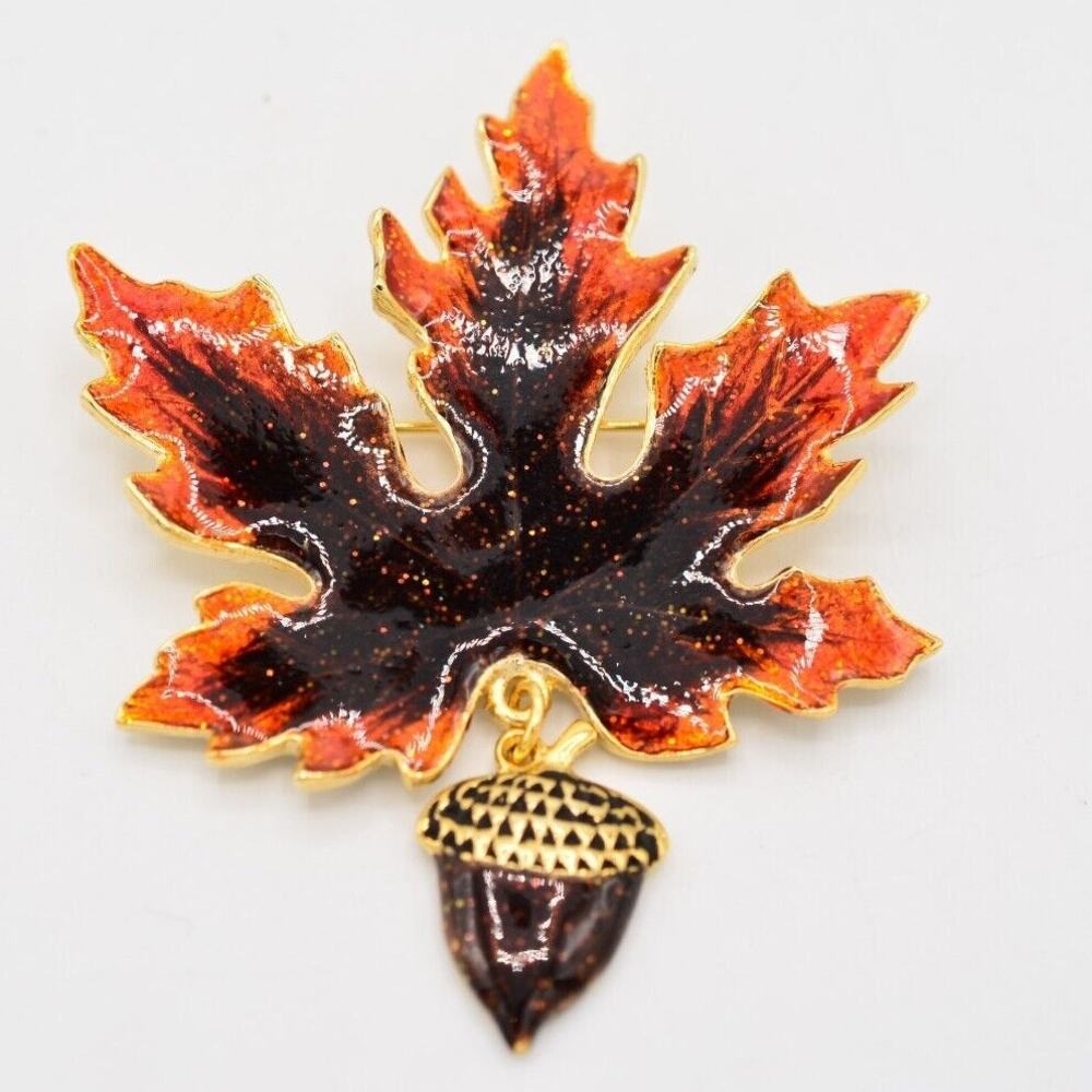 Vintage Acorn Leaf Pin Brooch Maple Glitter Enamel Autumn Fall NOS 1980s BinA11